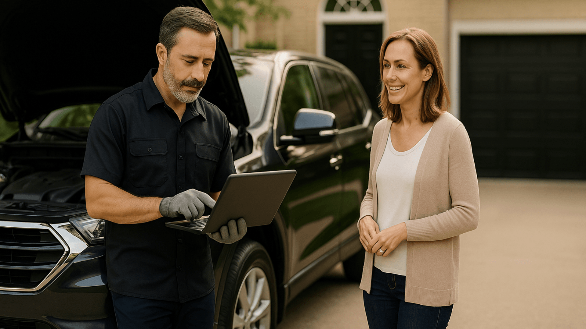 Elite mobile mechanic assisting a client in Kelowna driveway